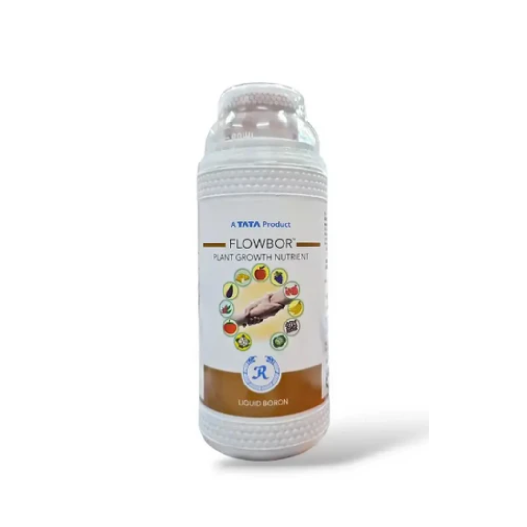 Flowbor Plant Growth Nutrient (Liquid Boron Ethanolamine 10%) by Tata Rallis is a liquid boron fertilizer designed to correct boron deficiency in crops. It enhances flower formation, fruit set, and overall plant growth by improving nutrient translocation and cell wall strength, ensuring higher yield and better quality produce.