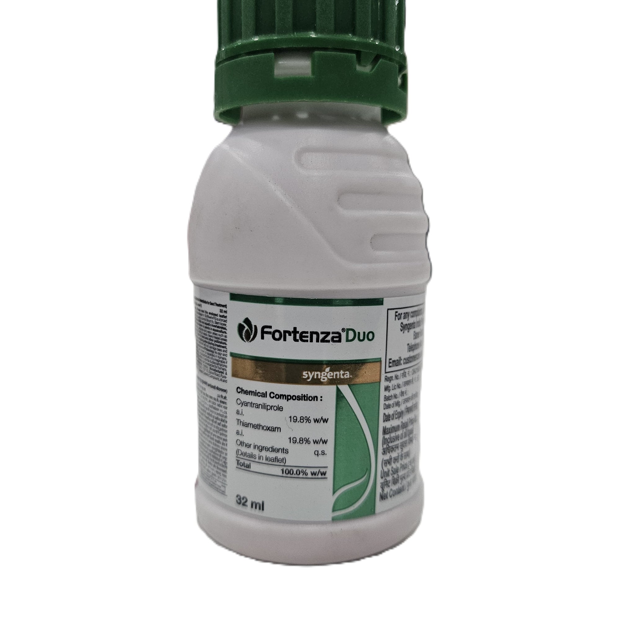Fortenza Duo insecticide by Syngenta, bottle with label, dual-action formula for effective control of multiple crop pests and enhanced pest management