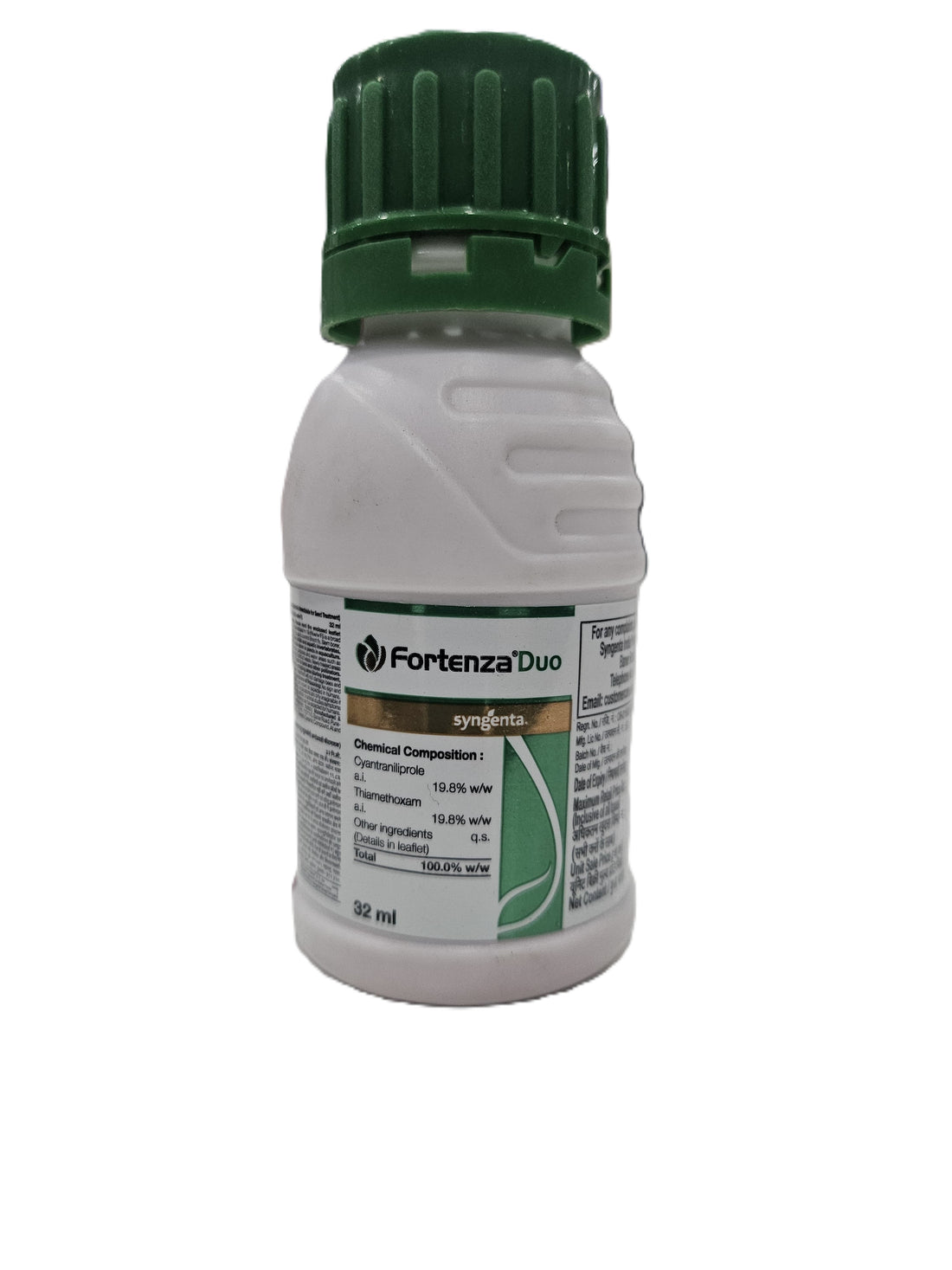Fortenza Duo insecticide by Syngenta, bottle with label, dual-action formula for effective control of multiple crop pests and enhanced pest management