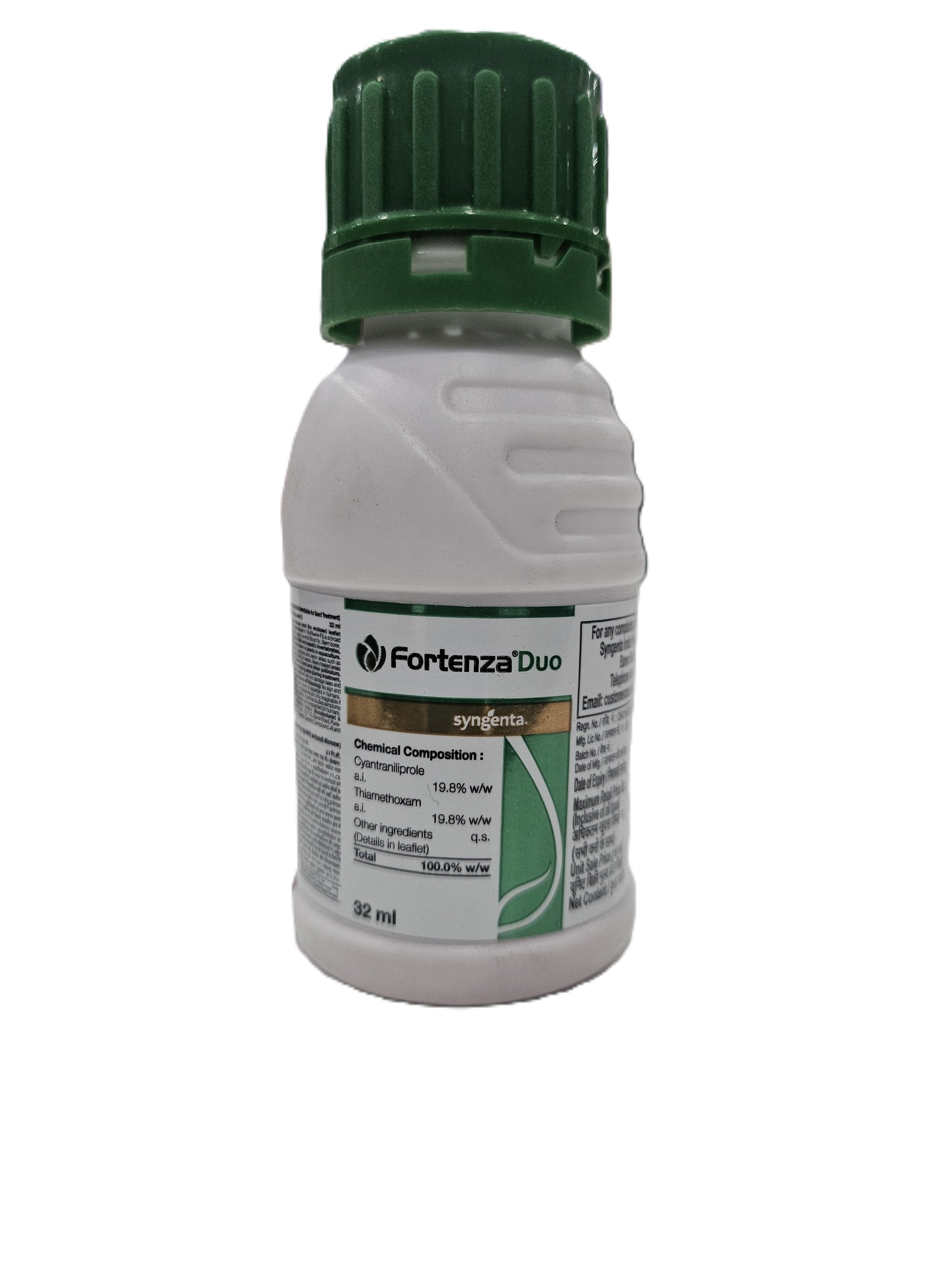 Fortenza Duo insecticide by Syngenta, bottle with label, dual-action formula for effective control of multiple crop pests and enhanced pest management
