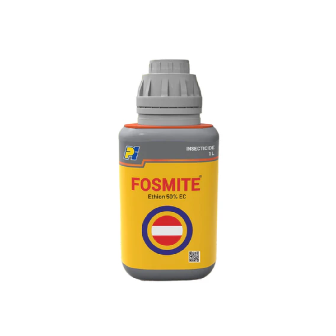 "Fosmite Insecticide – Ethion 50% EC by PI Industries, an emulsifiable concentrate (EC) for broad-spectrum control of sucking and chewing pests in crops like cotton, vegetables, and fruits, providing rapid knockdown and residual action."