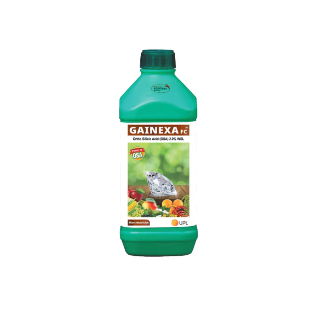 "Gainexa Ortho Silicic Acid OSA 2.0% WSL plant nutrient bottle showing premium silica formulation for improving crop strength, stress tolerance, and nutrient uptake, marketed for use in agriculture to enhance plant growth and productivity."