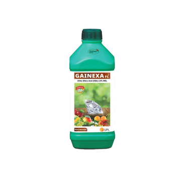 "Gainexa Ortho Silicic Acid OSA 2.0% WSL plant nutrient bottle showing premium silica formulation for improving crop strength, stress tolerance, and nutrient uptake, marketed for use in agriculture to enhance plant growth and productivity."