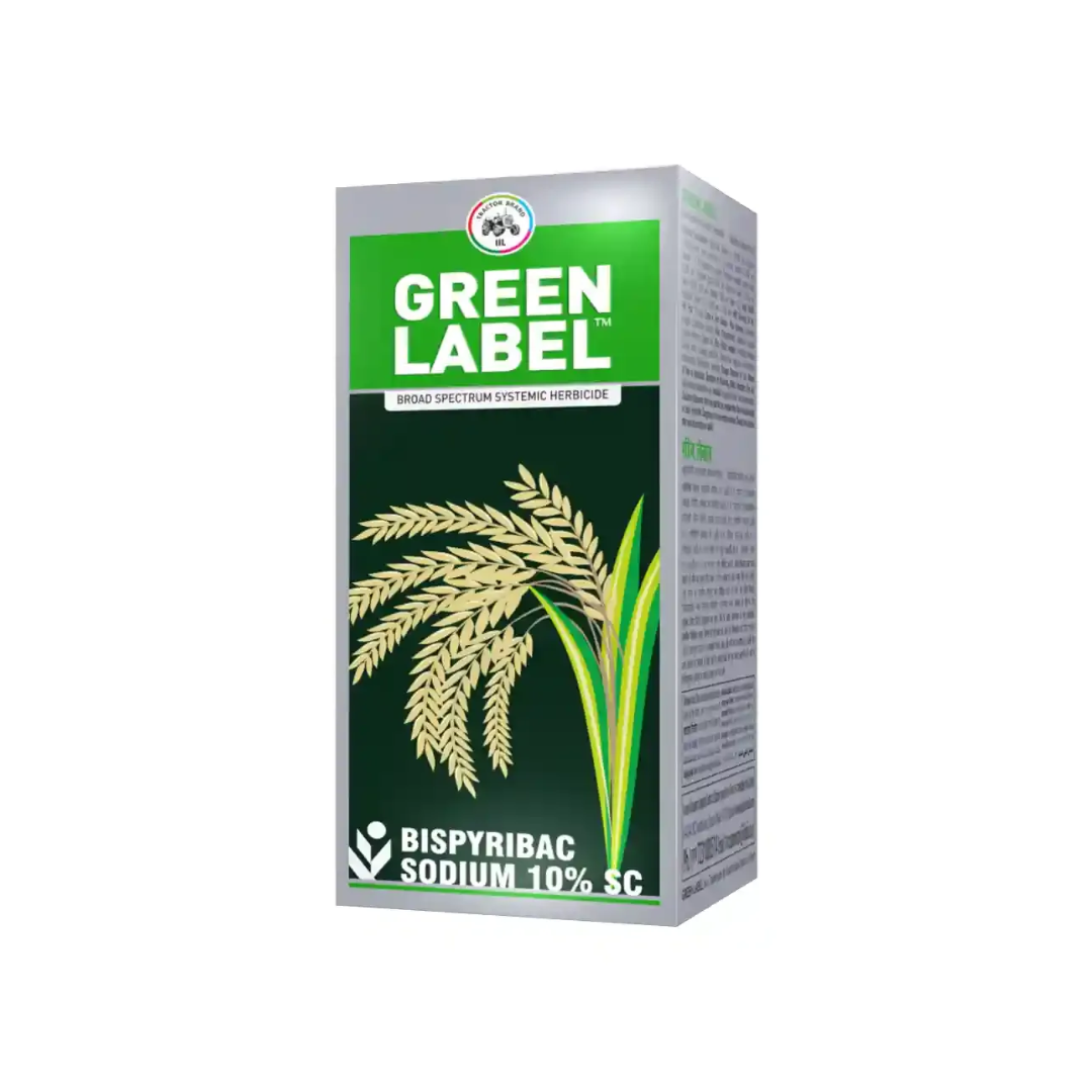 Green Label herbicide containing Bispyribac Sodium 10% SC, a systemic post-emergence herbicide for effective control of grasses, sedges, and broad-leaved weeds in rice crops.