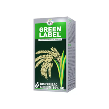 Green Label herbicide containing Bispyribac Sodium 10% SC, a systemic post-emergence herbicide for effective control of grasses, sedges, and broad-leaved weeds in rice crops.
