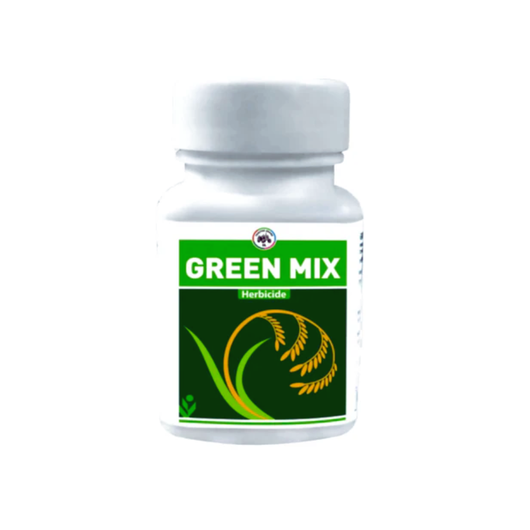 Green Mix Herbicide is a selective, post-emergence herbicide combining Metsulfuron Methyl 10% + Chlorimuron Ethyl 10% WP, providing effective control of broadleaf and sedge weeds in crops like wheat and rice, ensuring healthier crop growth and improved yield.