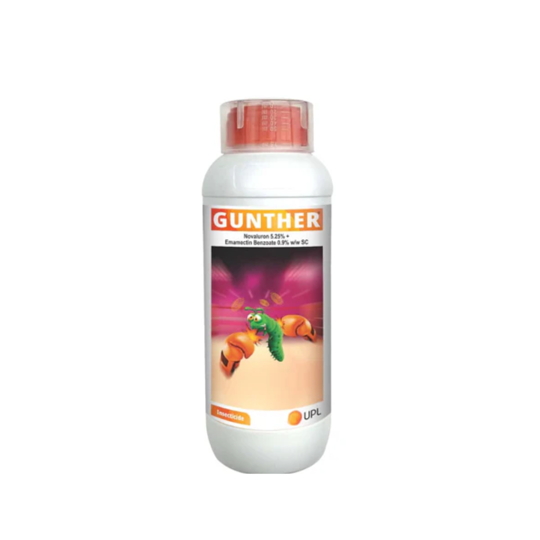 Gunther Insecticide by UPL is a systemic insecticide combining Novaluron 5.25% and Emamectin Benzoate 0.9% SC, designed for broad-spectrum control of lepidopteran pests and sucking insects in crops like cotton, vegetables, and fruits. Provides effective knockdown, long-lasting residual control, and supports healthy crop growth.