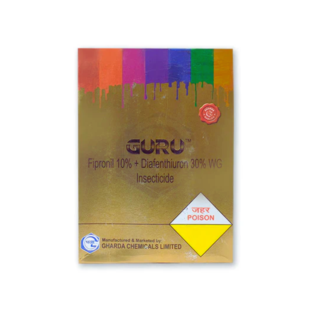 Guru Insecticide bottle – containing Fipronil 10% + Diafenthiuron 30% WG. A broad-spectrum, dual-action insecticide effective against both soil and foliar pests such as aphids, whiteflies, jassids, bollworms, and leaf miners, providing systemic and contact protection for healthier crops and improved yield.