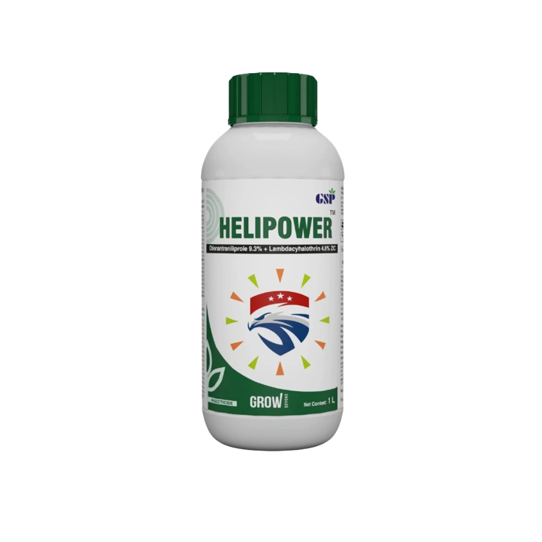 Helipower Insecticide by Jayalaxmi Fertilizers, containing Chlorantraniliprole 9.3% + Lambda-cyhalothrin 4.6% ZC, a broad-spectrum insecticide for effective control of caterpillars, leaf folders, borers, and sucking pests in crops like paddy, cotton, vegetables, and fruits.