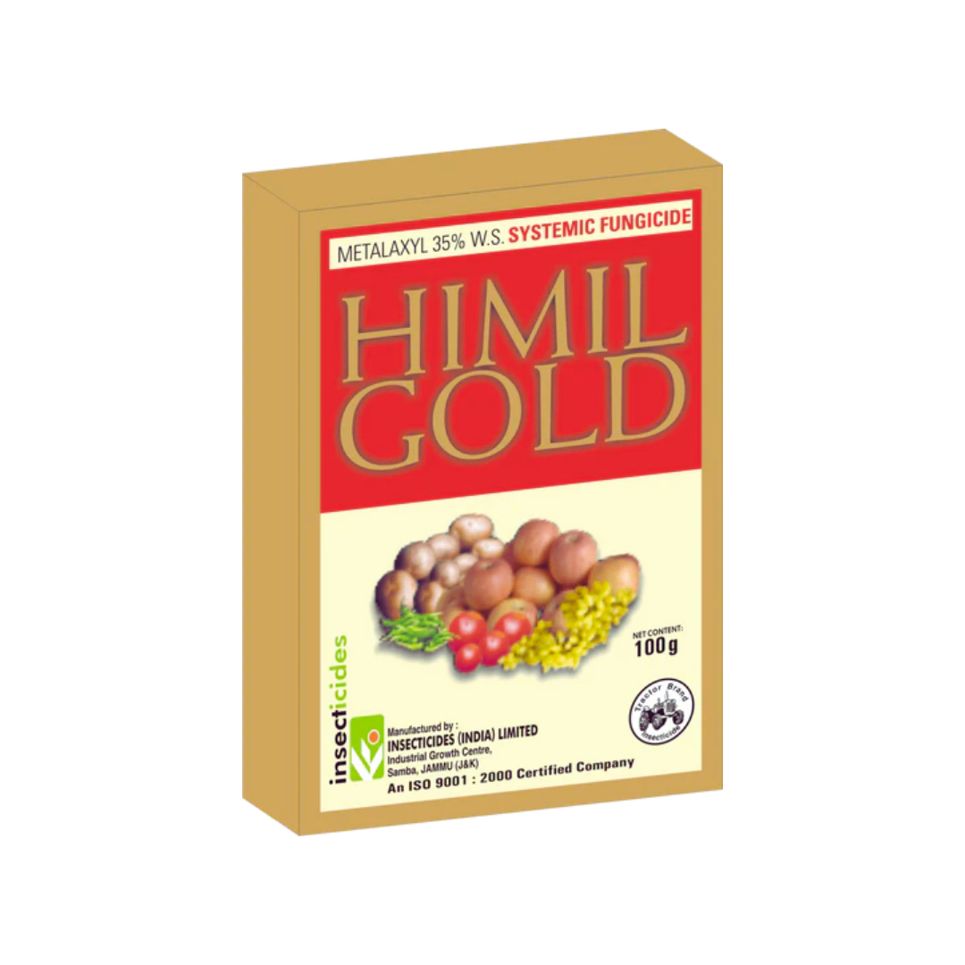 Himil Gold Fungicide – systemic fungicide containing Metalaxyl 35% WS for effective control of oomycete diseases like downy mildew, damping-off, and root rot in vegetables, fruits, and plantation crops, ensuring healthy crop growth and improved yield.
