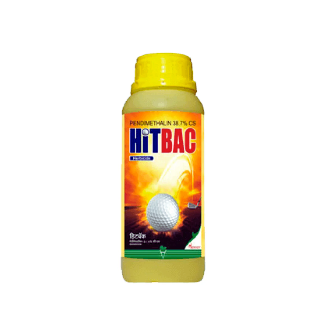 HitBac herbicide containing Pendimethalin 38.7% CS, used for pre-emergence weed control in crops.