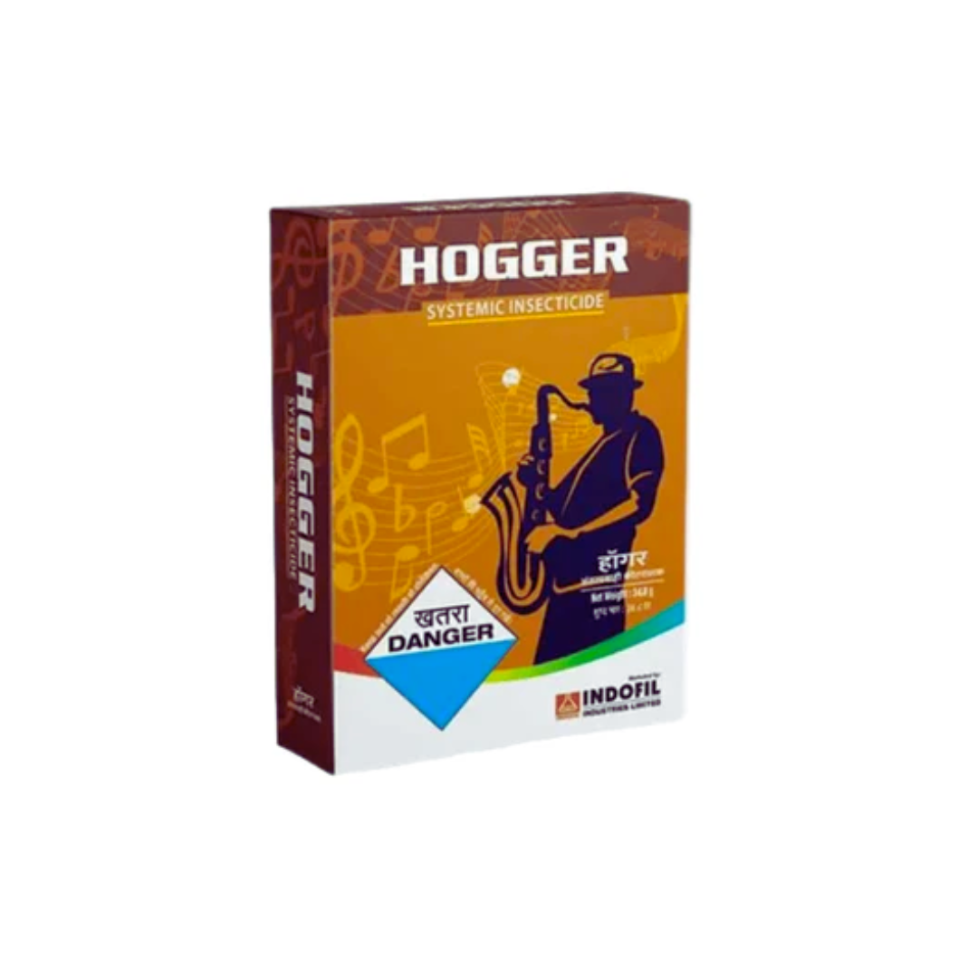 Hogger Insecticide packet – containing Dinotefuran 70% WG. A systemic and contact insecticide effective against a wide range of sucking pests such as aphids, whiteflies, jassids, and thrips in crops like cotton, vegetables, and fruiting plants, providing fast knockdown and long-lasting crop protection.