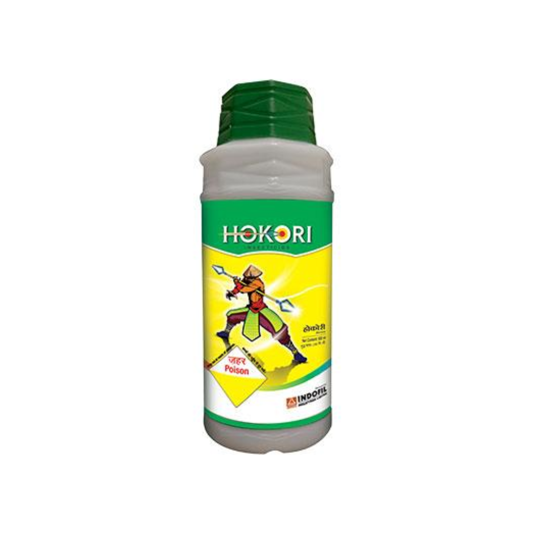 Hokori insecticide containing Dinotefuran 5% and Ethion 50% EC, dual-action formulation for effective control of sucking and chewing pests in crops.