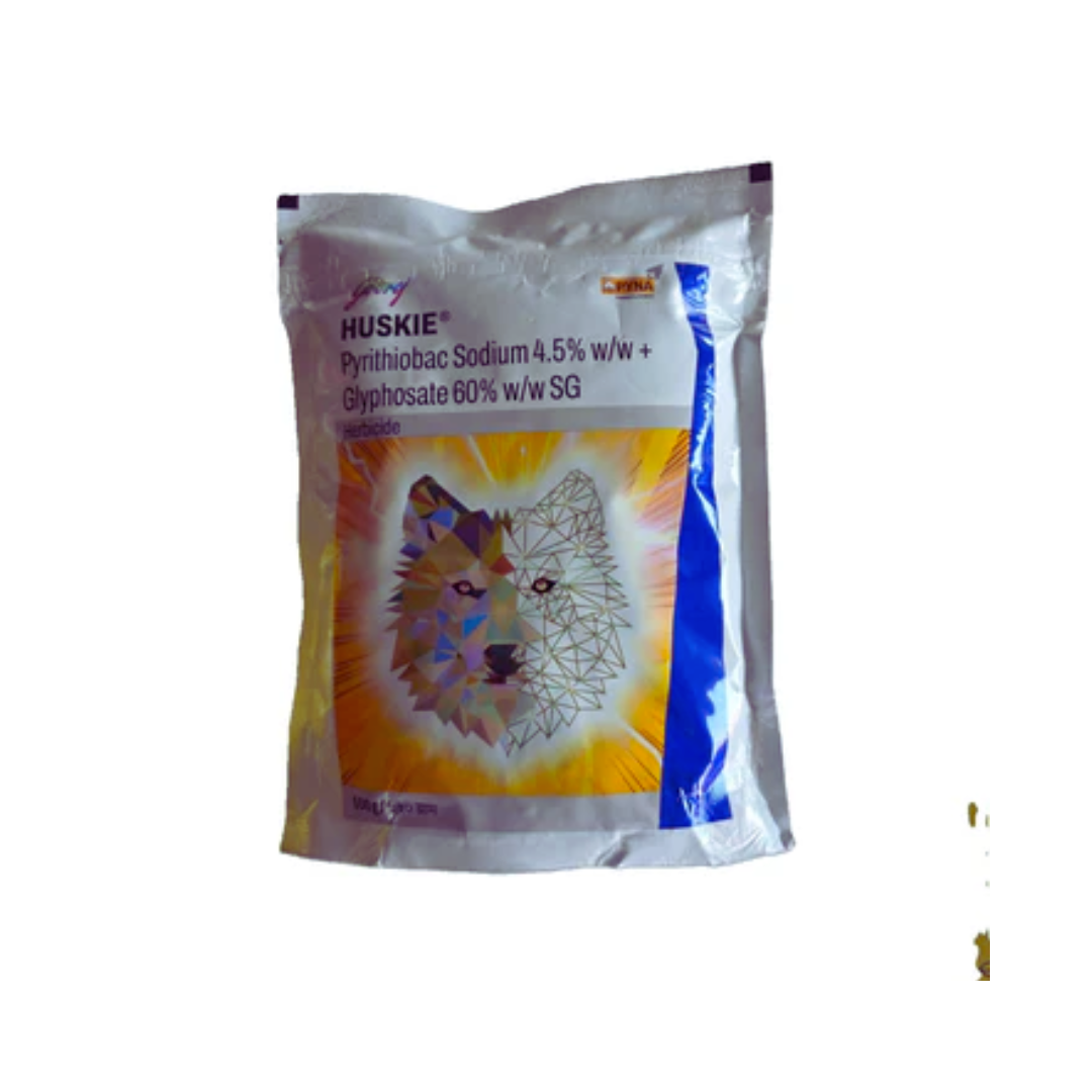 Huskie is a powerful herbicide containing Pyrithiobac Sodium 4.5% SG and Glyphosate 60% SG, designed for broad-spectrum control of grassy and broadleaf weeds in various crops.