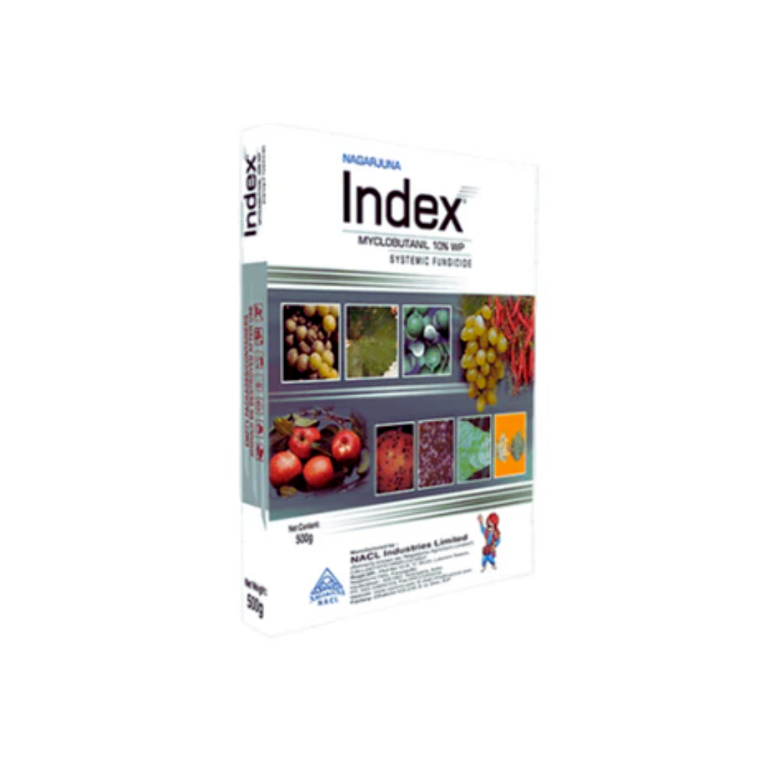 "Index is a systemic fungicide containing 10% Myclobutanil (WP), providing preventive and curative control of powdery mildew and other fungal diseases in crops, ensuring improved plant health and yield."