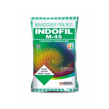 Indofil M45 fungicide packet – containing Mancozeb 75% WP. A broad-spectrum protective fungicide effective against a wide range of fungal diseases including blights, leaf spots, downy mildew, and rust in crops such as vegetables, fruits, cereals, and pulses, helping maintain healthy plants and improved yield.
