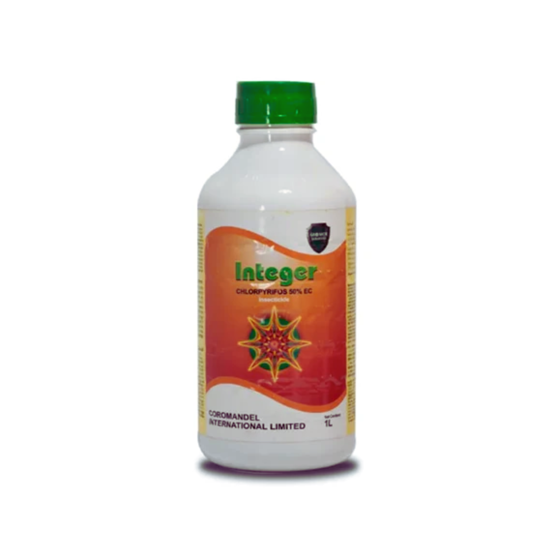 Integer (Chlorpyrifos 50% EC) insecticide bottle by Coromandel, a broad-spectrum organophosphate formulation used for effective control of soil-dwelling and foliar pests, including termites, caterpillars, aphids, and borers across various crops.