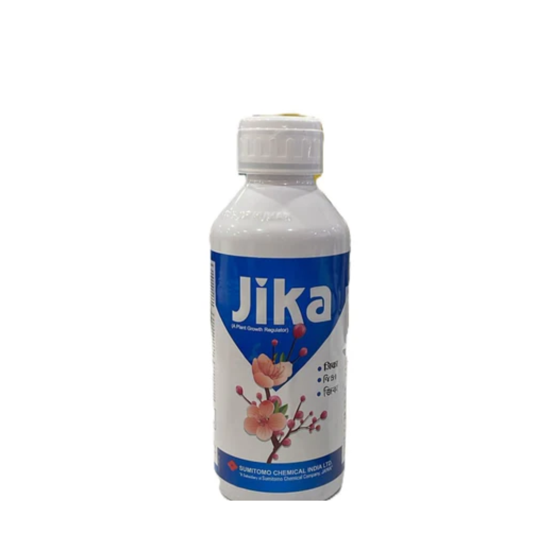 "JIKA Plant Growth Regulator containing Paclobutrazol 23% SC, a systemic growth regulator that controls plant height, promotes stronger root development, improves flowering and fruit set, and enhances overall crop yield and quality in fruit, ornamental, and plantation crops."
