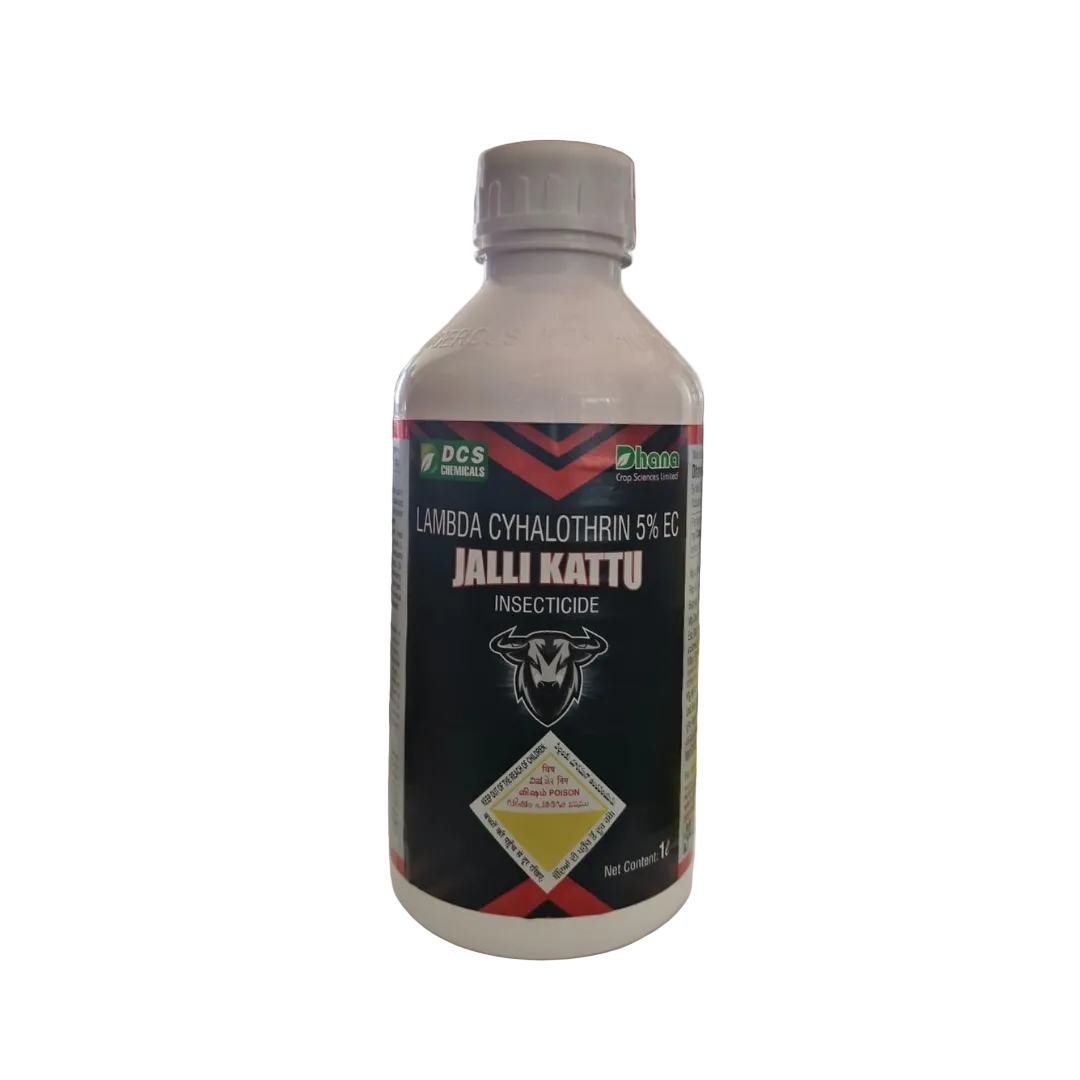 Dhana Crop Jalli Kattu (Lambda-cyhalothrin 5% EC) insecticide used for controlling borers, caterpillars, and sucking insects.