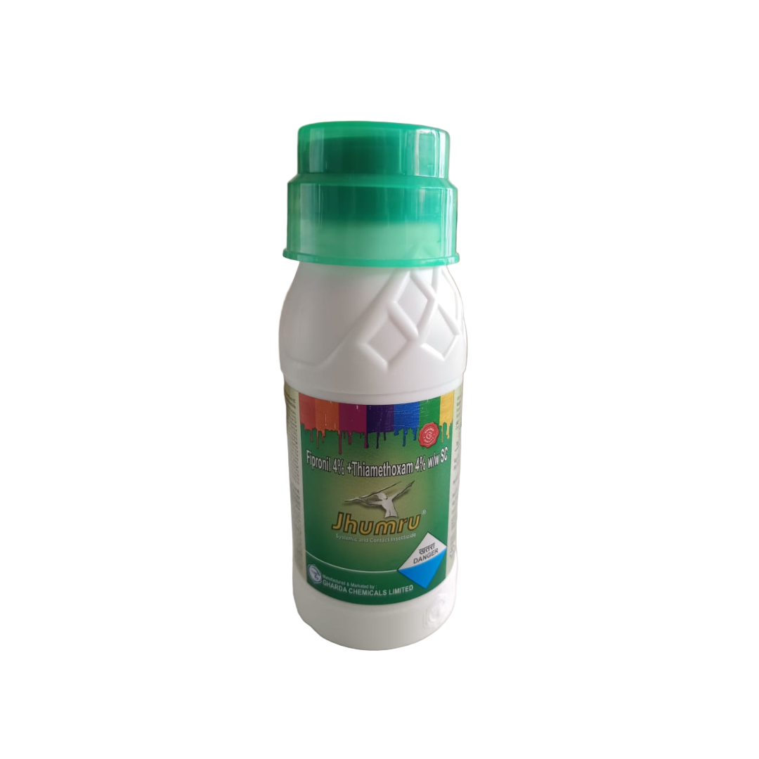 Jhumru Insecticide by Gharda Chemicals – Systemic and contact insecticide containing Fipronil 4% + Thiamethoxam 4% w/w SC, effective against a wide range of sucking and chewing pests in crops like rice, cotton, vegetables, and pulses.