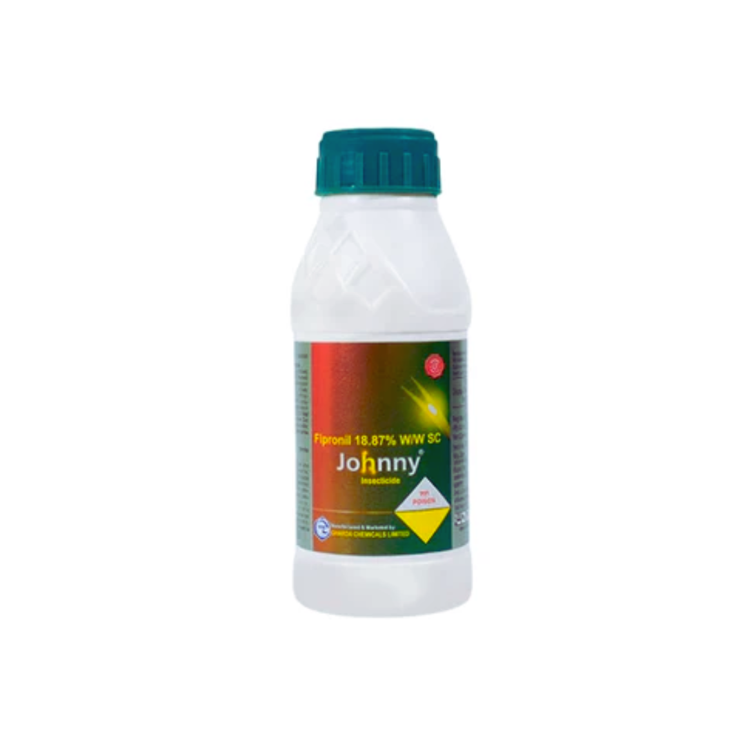 Johnny Insecticide bottle – containing Fipronil 18.87% w/w SC. A broad-spectrum systemic and contact insecticide effective against soil and foliar pests such as termites, stem borers, leaf folders, and root grubs, providing long-lasting crop protection and improved yield.