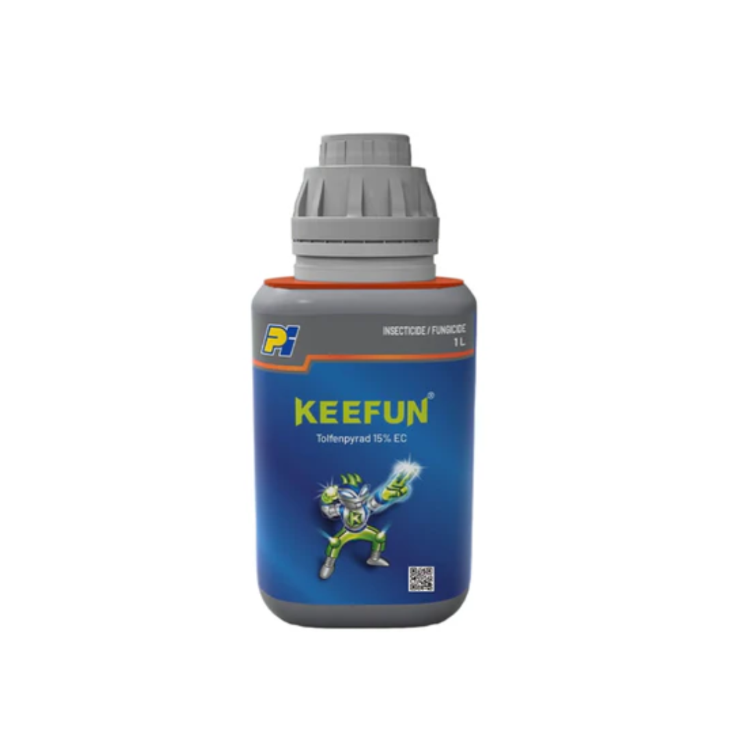 Keefun is a broad-spectrum insecticide containing Tolfenpyrad 15% EC, formulated as an emulsifiable concentrate. It provides fast and long-lasting control of sucking and chewing pests in crops like vegetables, fruits, and cotton by inhibiting mitochondrial electron transport in pests, ensuring high efficacy and crop protection.