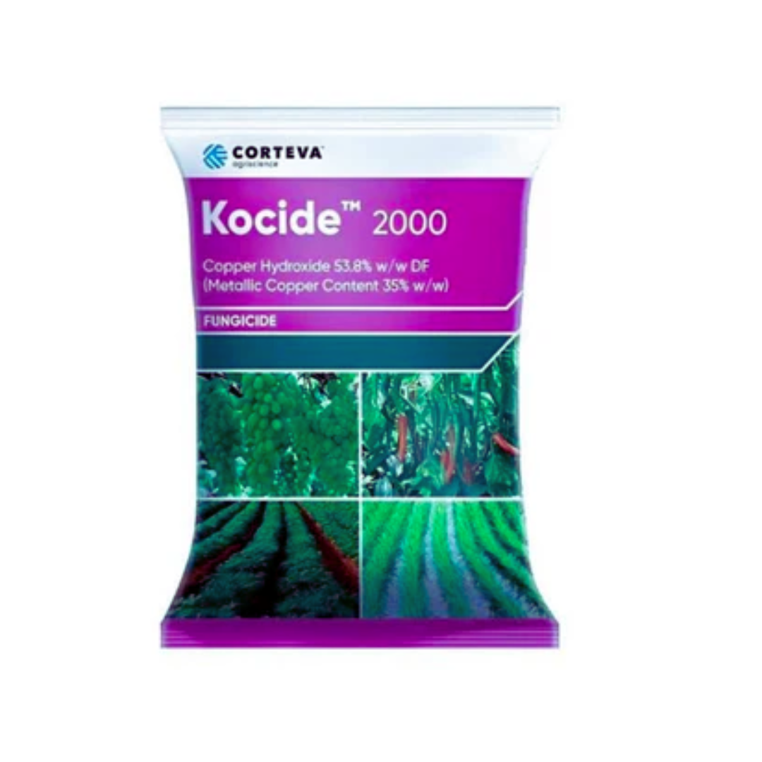 Kocide 2000 is a copper-based fungicide containing 53.8% w/w Copper Hydroxide in dry flowable (DF) formulation, providing broad-spectrum protection against bacterial and fungal diseases in crops.