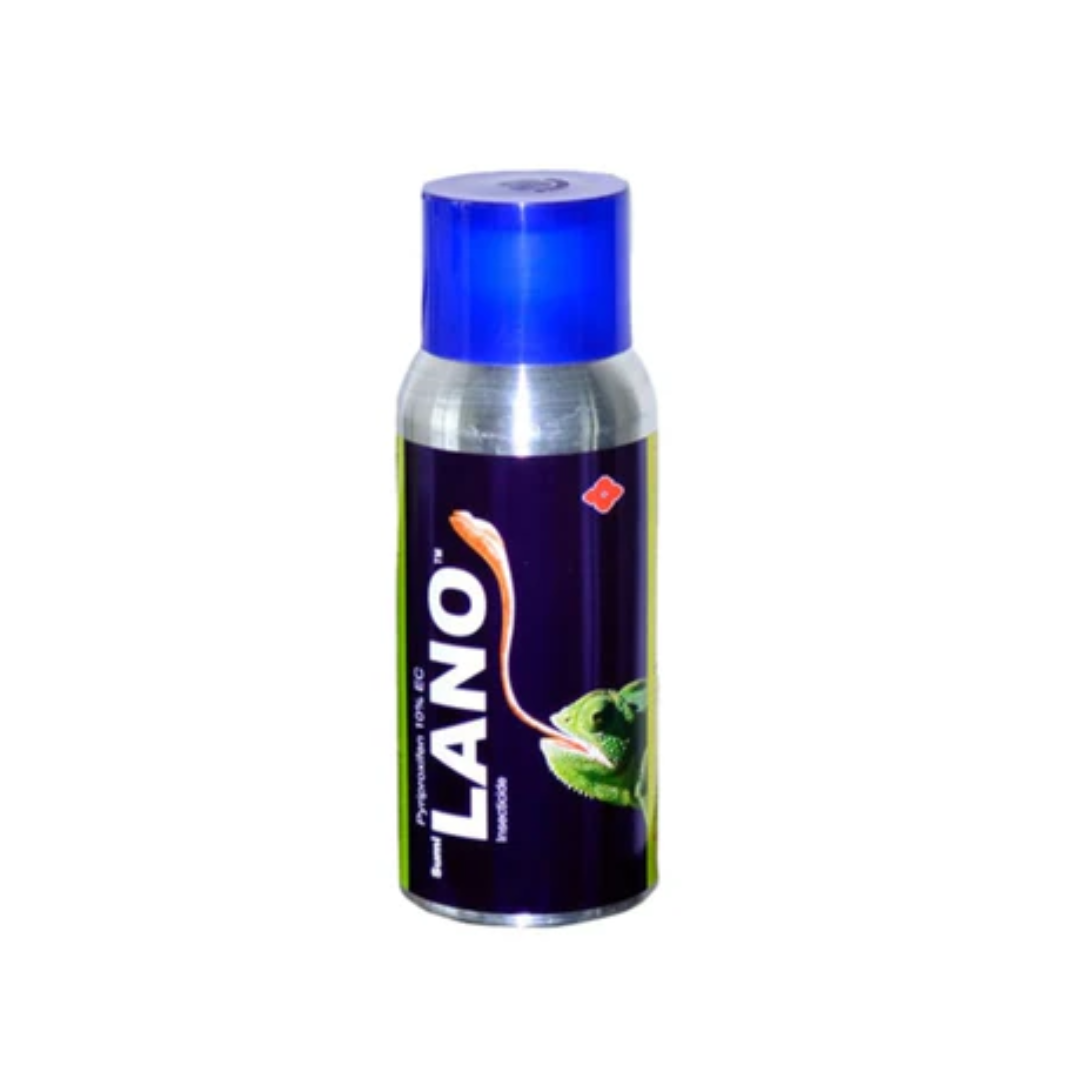 "LANO Insecticide bottle containing Pyriproxyfen 10% EC by Sumitomo Chemical, used for effective control of whiteflies, jassids, and other sucking pests in various crops. Shows product label with brand and formulation details."