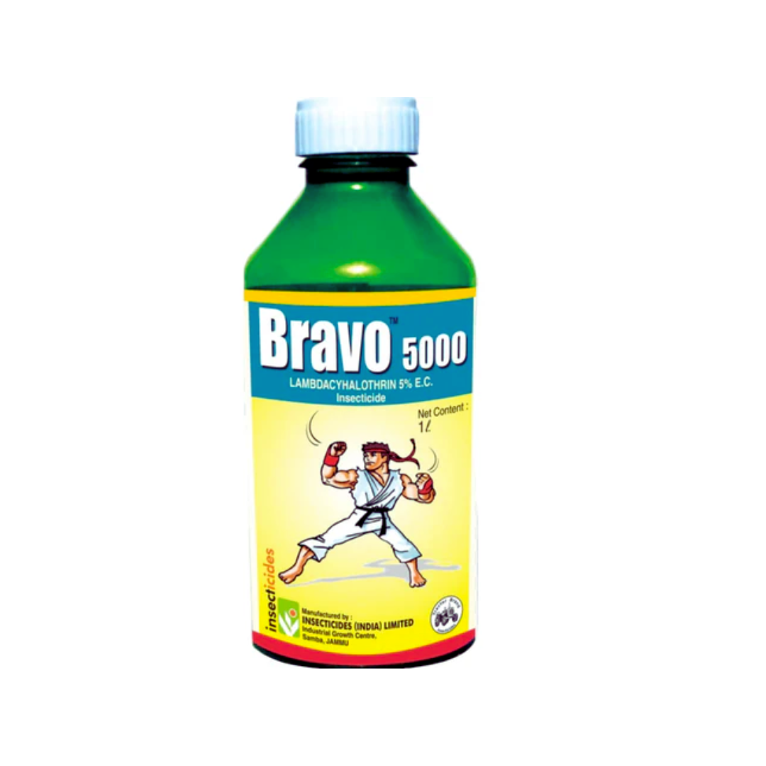 Bravo 5000 Insecticide by IIL – Lambda-Cyhalothrin 5% EC, a broad-spectrum contact and stomach insecticide for effective control of sucking and chewing pests in crops like cotton, paddy, vegetables, and fruits, providing rapid knockdown and long-lasting protection.