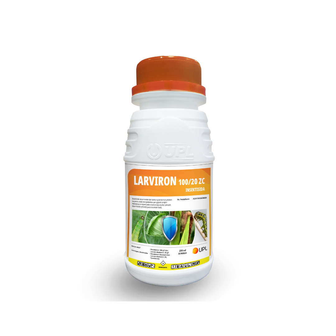 Larviron Insecticide bottle labeled with Novaluron 100 g/L + Lambda-cyhalothrin 20 g/L, used for effective control of lepidopteran and sucking pests in crops; dual-action formulation providing larval growth inhibition and quick knockdown.