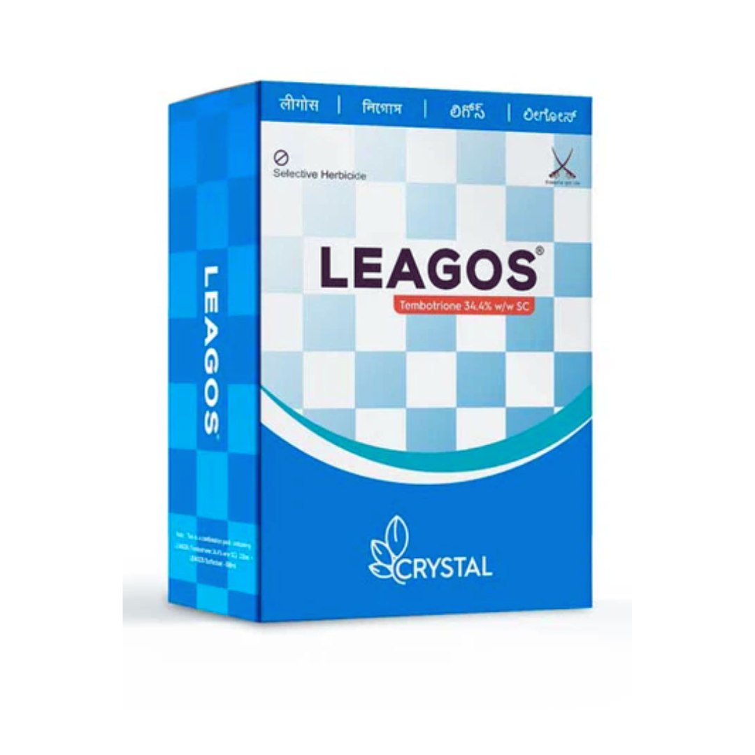 Leagos herbicide bottle containing Tembotrione 34.4% SC, a selective post-emergence herbicide used in maize cultivation for effective control of broadleaf and grassy weeds, ensuring cleaner fields and improved crop yield.