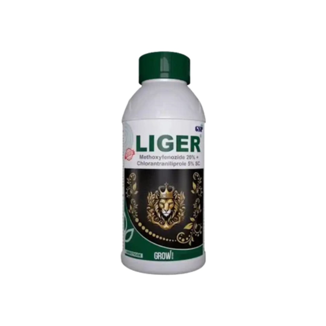 Liger is a foliar insecticide containing Methoxyfenozide 20% + Chlorantraniliprole 5% SC, providing fast and effective control of lepidopteran pests in crops.
