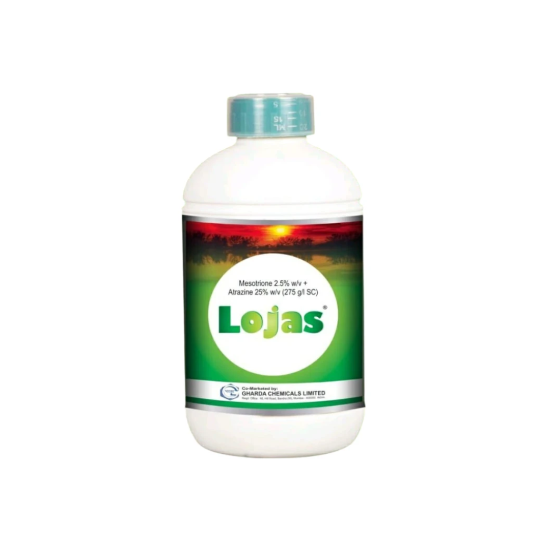Lojas Herbicide (Mesotrione 2.27% + Atrazine 22.7% SC) - a selective, post-emergent herbicide designed for effective control of broadleaf and grassy weeds in maize crops. It provides dual action through mesotrione and atrazine, ensuring long-lasting weed suppression, crop safety, and improved maize growth and yield.