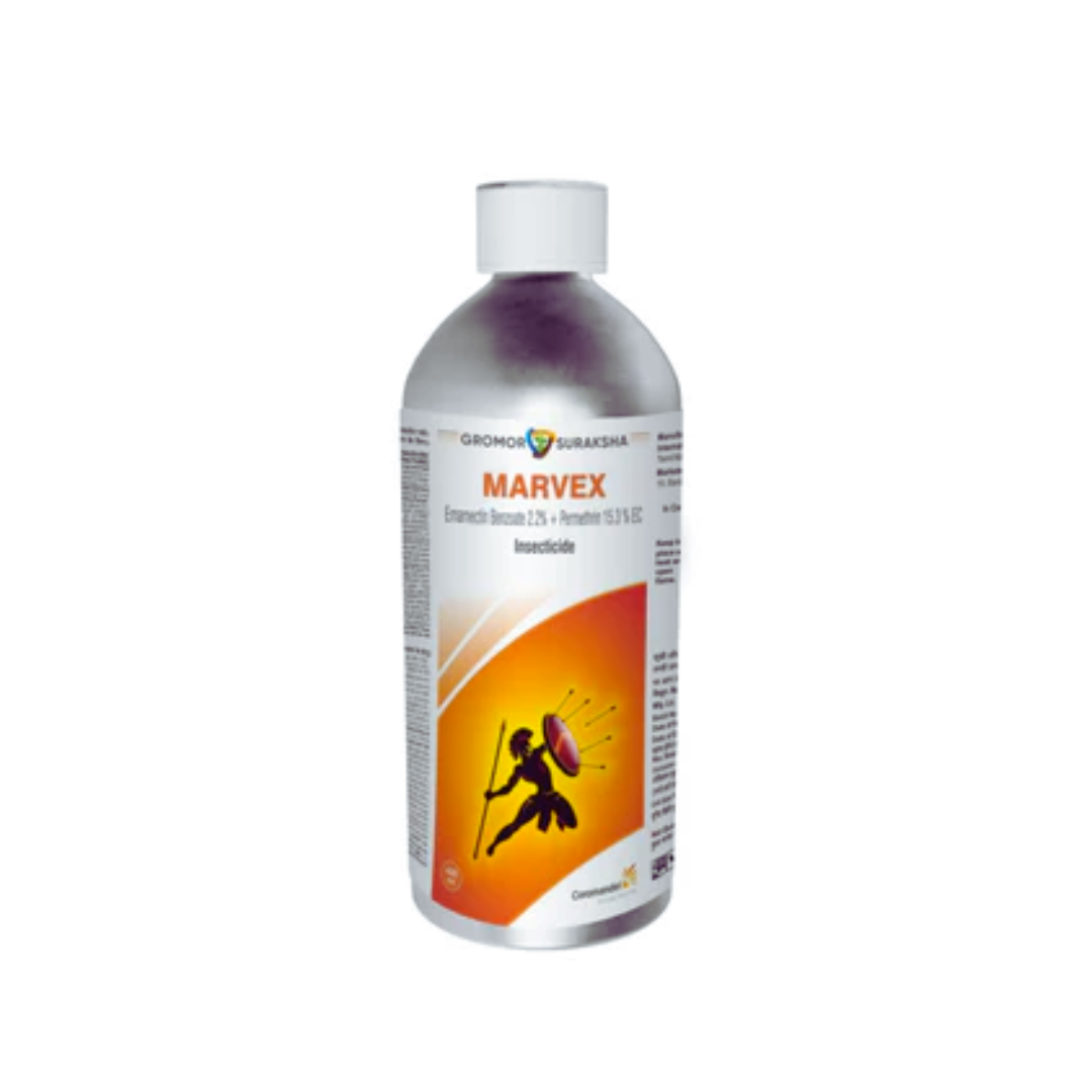 Marvex (Emamectin Benzoate 2.2% + Permethrin 15.3% EC) insecticide bottle by Coromandel — a dual-action formulation providing fast knockdown and long-lasting control of lepidopteran pests like bollworms and leaf folders. The product combines contact and stomach action for effective pest management across cotton, pulses, and vegetable crops.