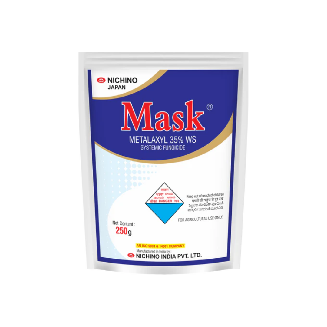 Mask Systemic Fungicide (Metalaxyl 35% WS) by Nichino – a water-soluble systemic fungicide providing effective control of oomycete diseases such as downy mildew and damping-off in crops like paddy, vegetables, and ornamentals.