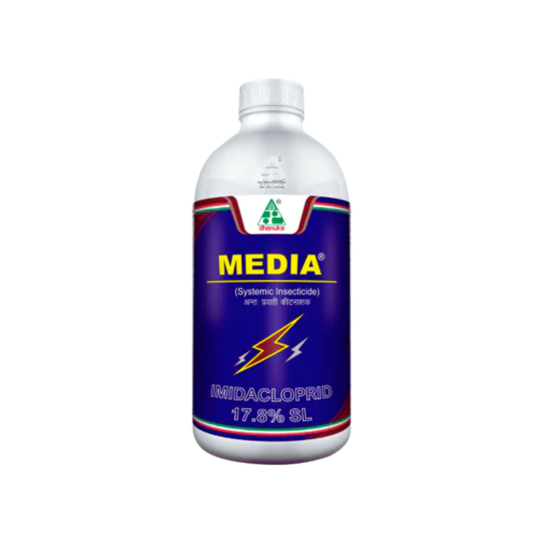 Media Insecticide by Dhanuka containing Imidacloprid 17.8% SL, a systemic and translaminar insecticide for controlling sucking pests like aphids, whiteflies, jassids, and thrips in crops such as cotton, rice, vegetables, and pulses.