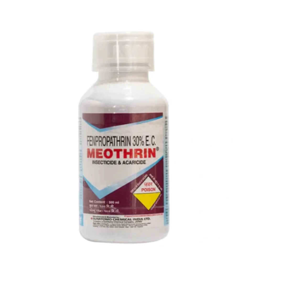 "Meothrin Insecticide bottle containing Fenpropathrin 30% EC, a broad-spectrum contact and stomach insecticide used to control sucking and chewing pests in various crops."