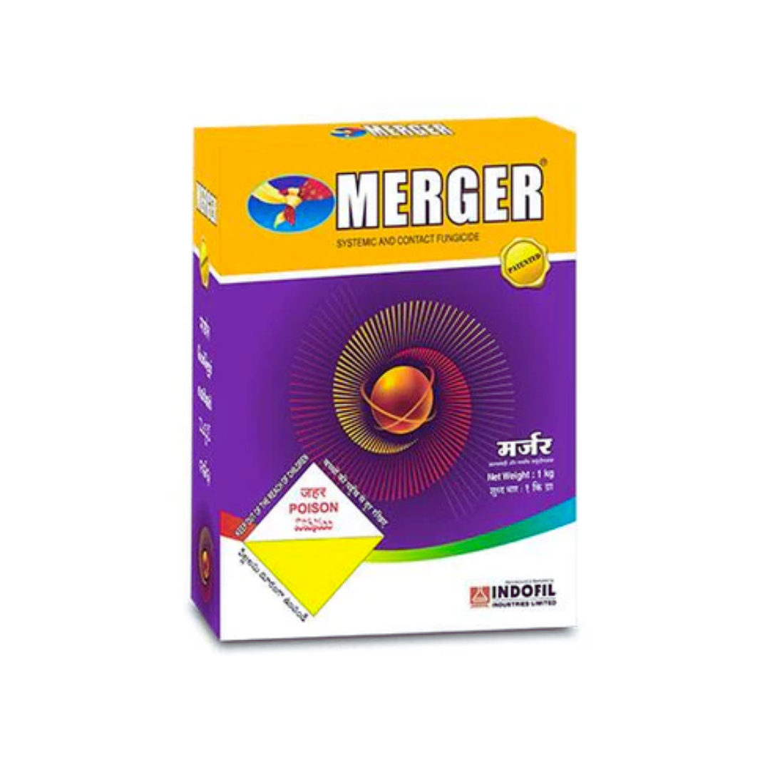 Merger Fungicide by Indofil – a broad-spectrum, dual-action wettable powder (WP) combining Tricyclazole 18% and Mancozeb 62%, providing preventive and curative control of rice blast and other fungal diseases, enhancing crop health and yield.