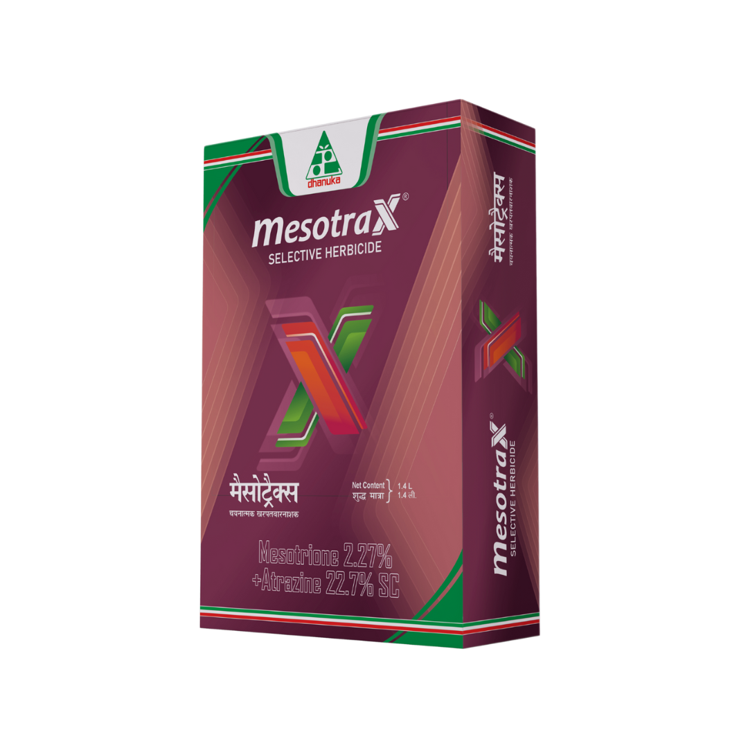 Mesotrax Herbicide pack labeled Mesotrione 2.27% + Atrazine 22.7%, a selective post-emergence weed control solution for maize, designed to target broadleaf and grassy weeds while supporting healthy crop growth and higher yield.