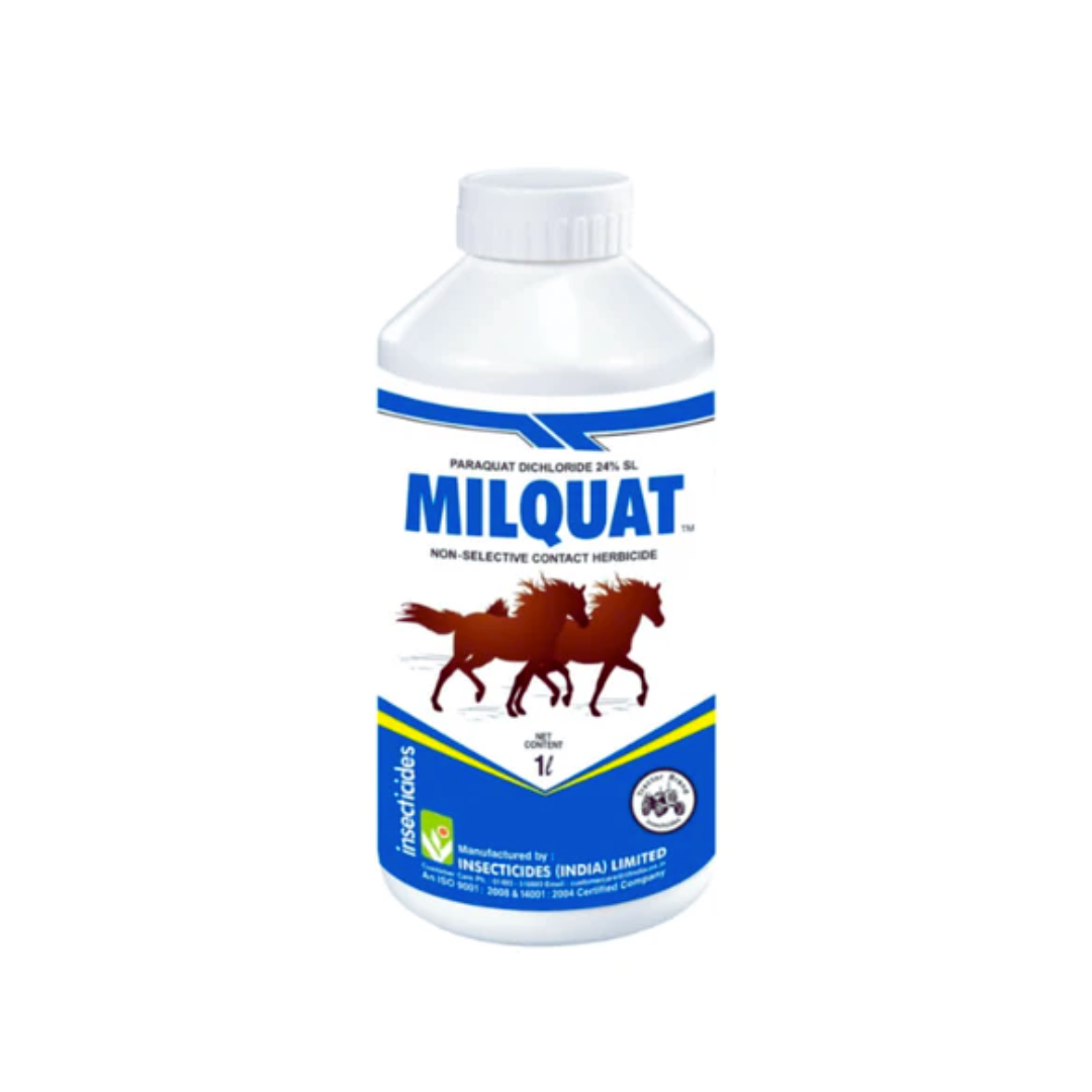Milquat Herbicide containing Paraquat Dichloride 24% SL – a fast-acting, non-selective contact herbicide for effective control of weeds in agricultural fields.
