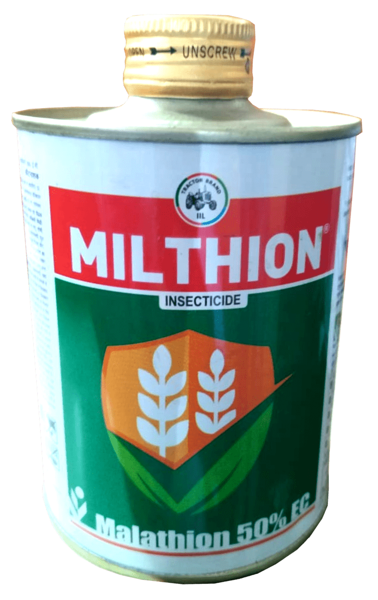 Milthion Insecticide Malathion 50 % EC by Insecticides (India) Ltd – white plastic bottle with green label, used in agriculture for pest control in cotton, vegetables, and other crops