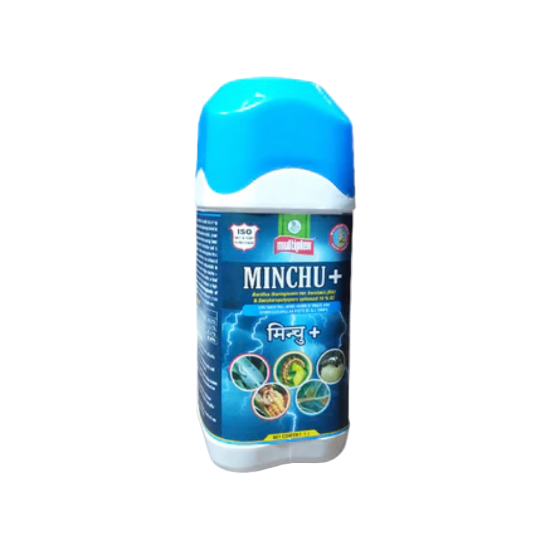 Minchu Plus BT Insecticide is a broad-spectrum biological and chemical insecticide combining Bacillus thuringiensis var. kurstakii, Spinosad, and Emamectin Benzoate (0.15%) for effective control of lepidopteran larvae, caterpillars, and other chewing pests in various crops.