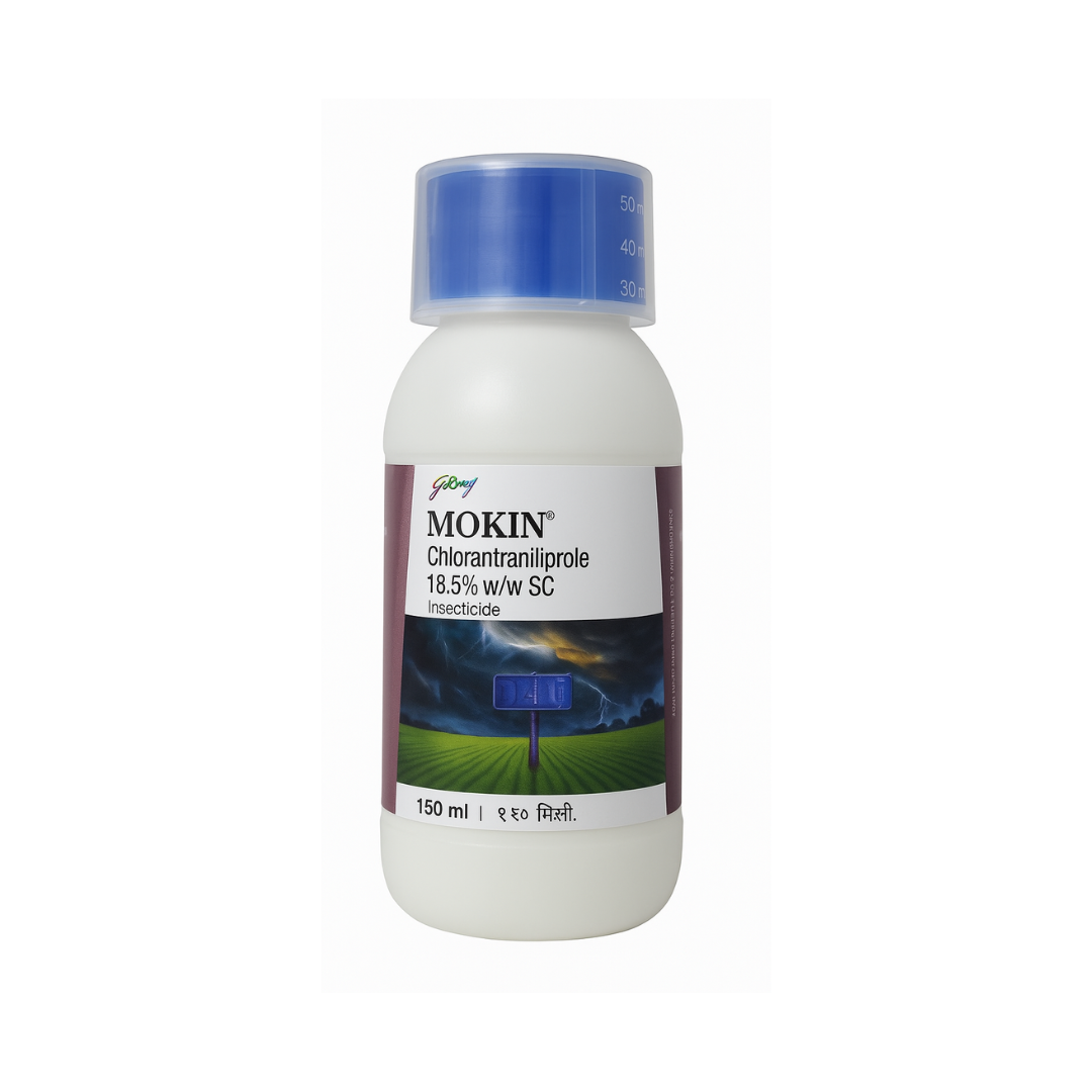 Mokin insecticide bottle by Godrej containing Chlorantraniliprole 18.5% w/w SC, used for effective control of chewing and boring insect pests in crops like rice, maize, and vegetables.