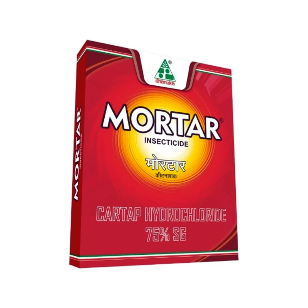 Mortar Insecticide by Dhanuka, containing Cartap Hydrochloride 75% SG, a systemic and contact insecticide for effective control of stem borers, leaf folders, and other crop pests.