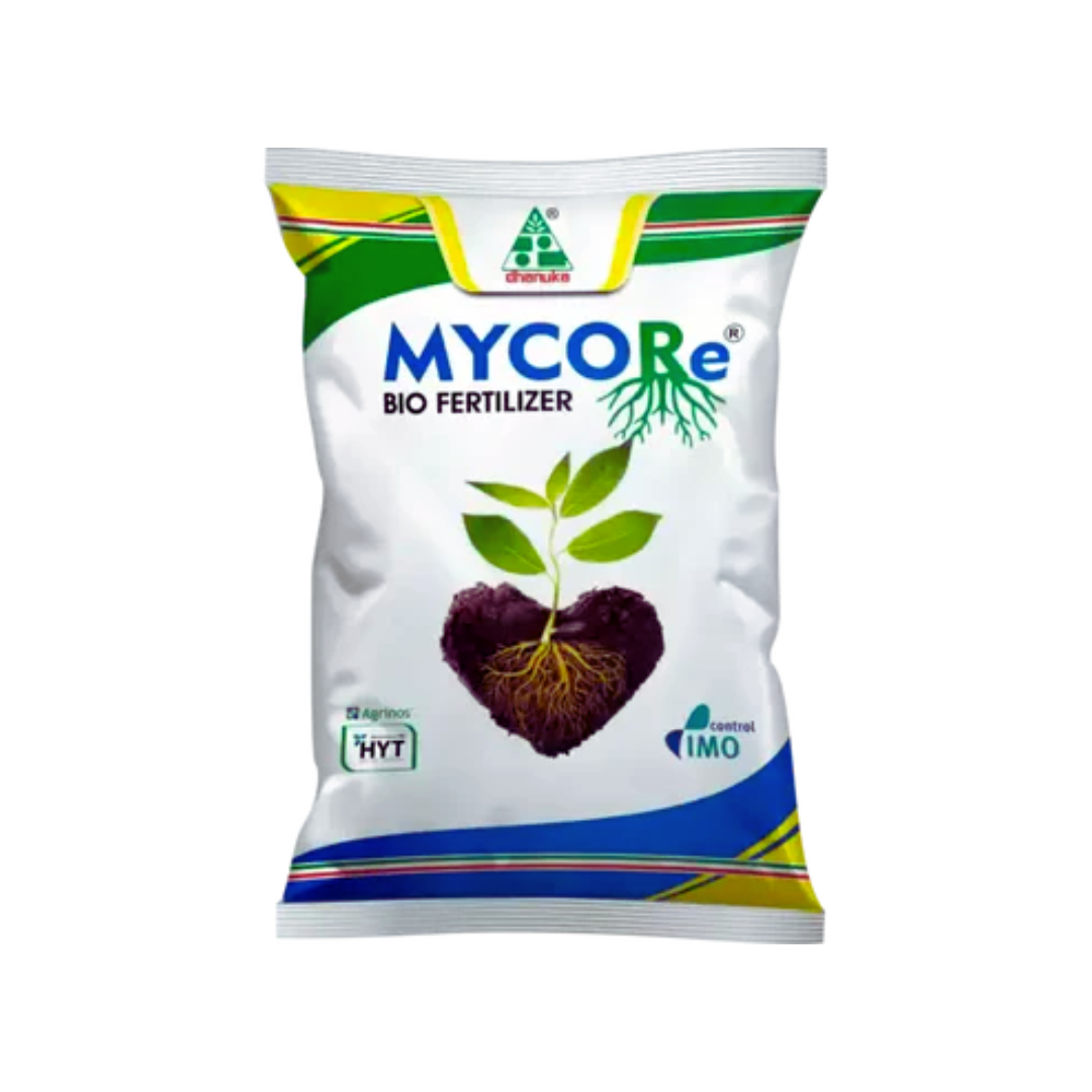Mycore Bio Fertilizer containing Arbuscular Mycorrhizal Fungi (AMF) – a beneficial microbial inoculant that enhances plant nutrient uptake, root growth, and soil health, suitable for various crops to improve yield and stress tolerance.