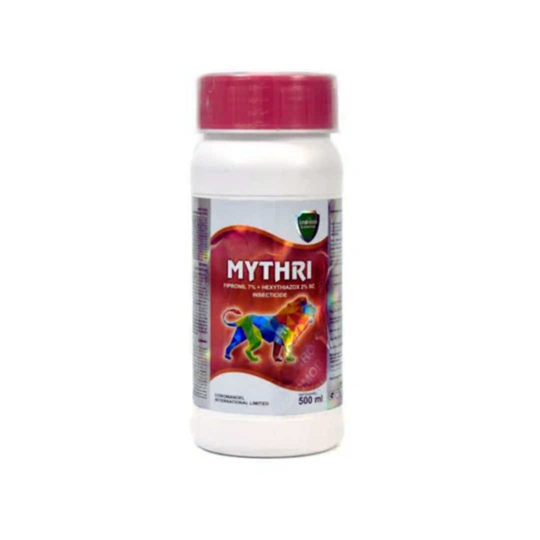 Mythri is a dual-action insecticide containing Fipronil 7% w/w and Hexythiazox 2% w/w SC, offering systemic and contact control of mites and insect pests across all life stages in crops.