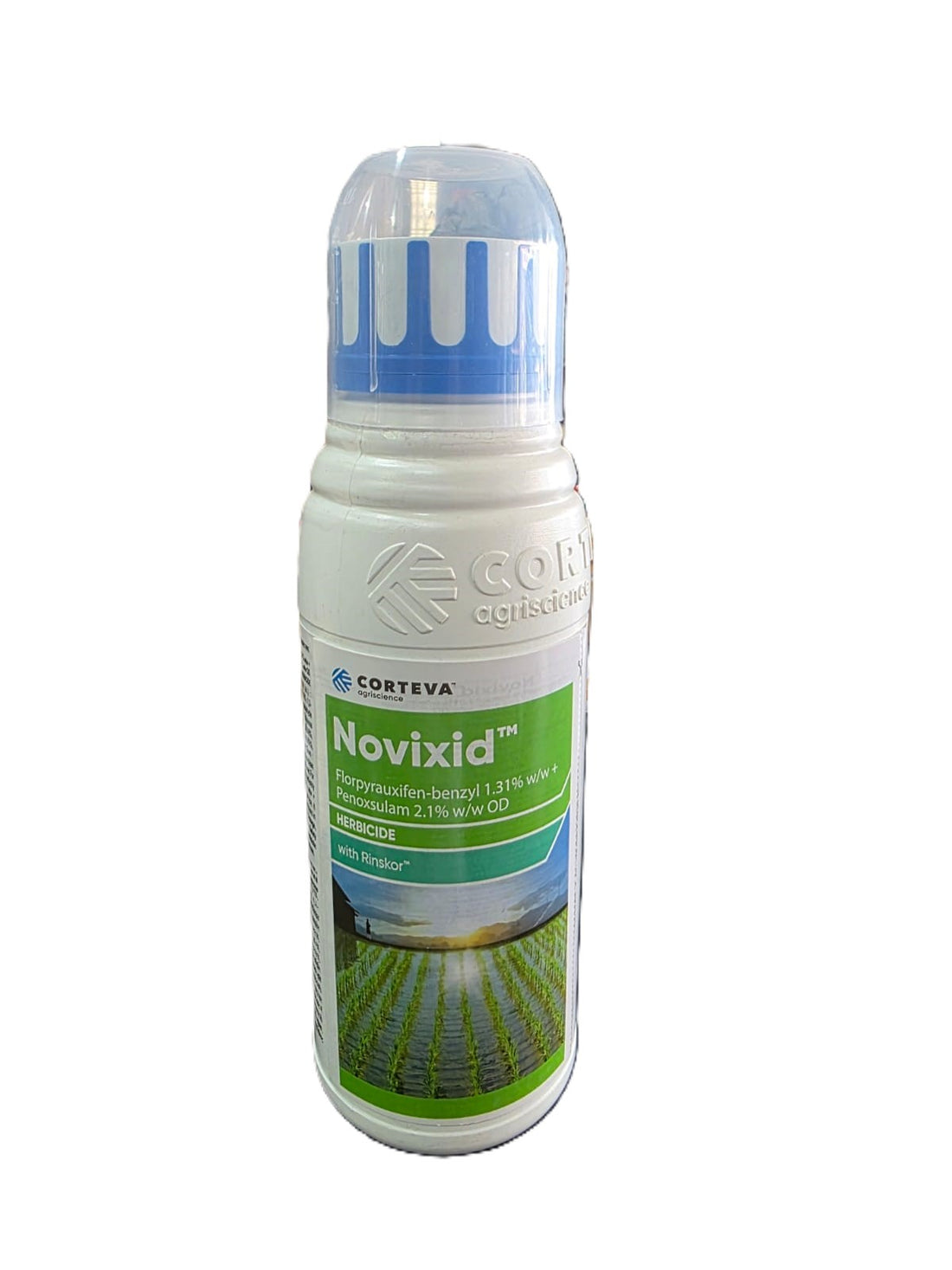 A bottle of Corteva Novixid herbicide with a blue cap, labeled for use in rice fields to manage weeds.