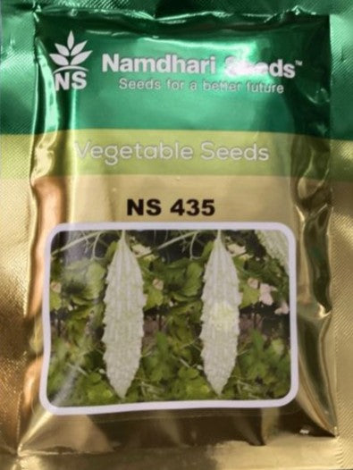 Namdhari NS 435 F1 Hybrid Bitter Gourd seeds packet with label, high-yielding variety ideal for uniform, white ridge gourd cultivation in vegetable farming