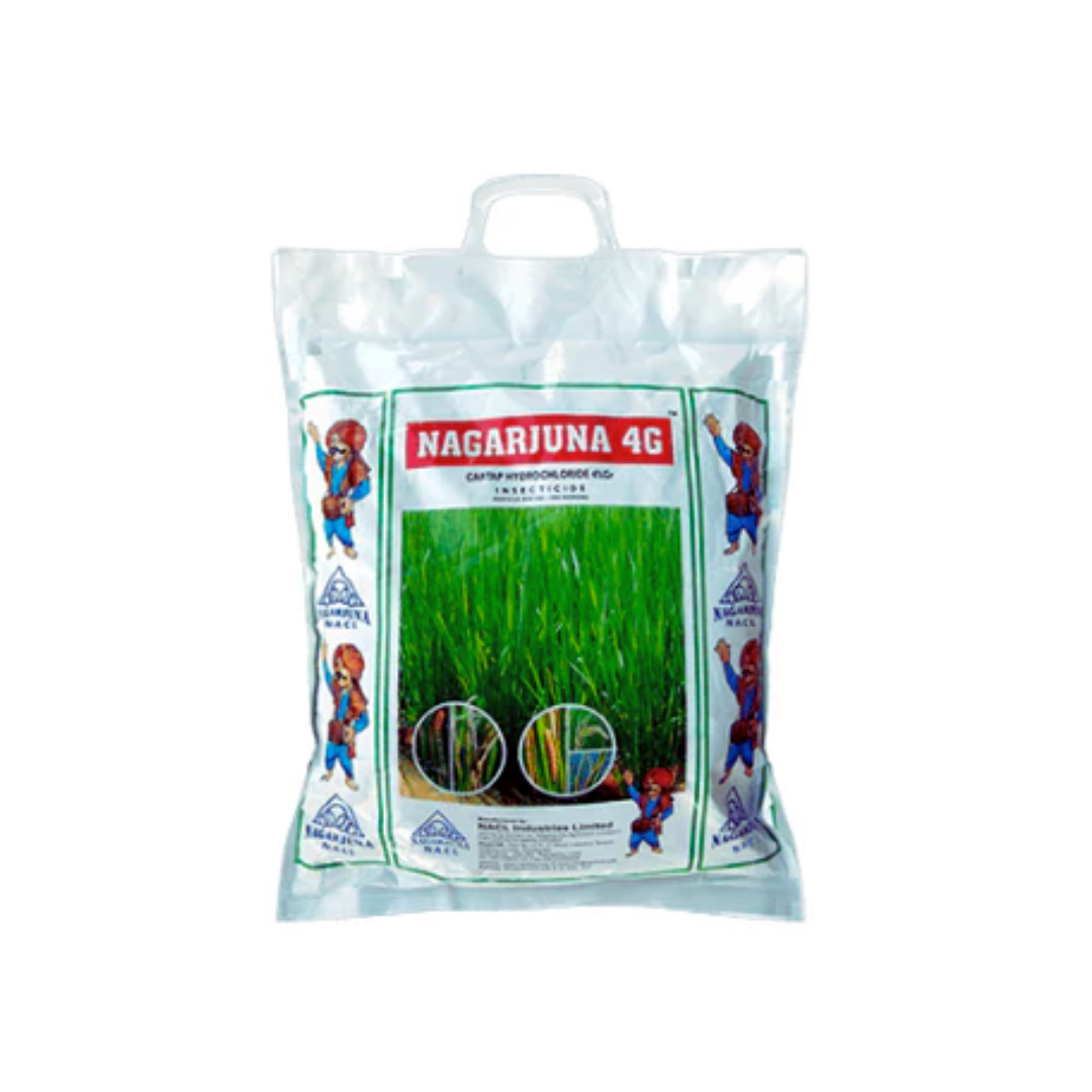 "Nagarjuna 4G Insecticide – Granular formulation containing 4% Cartap Hydrochloride (G). Systemic insecticide for controlling sucking and chewing pests in crops like paddy, cotton, and vegetables. Provides broad-spectrum, long-lasting pest control with easy soil application."