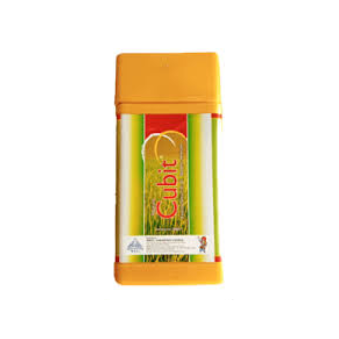 Nagarjuna Cubit Herbicide bottle containing 10% SC Bispyribac Sodium, a selective post-emergence herbicide for controlling grassy and broadleaf weeds in rice crops.